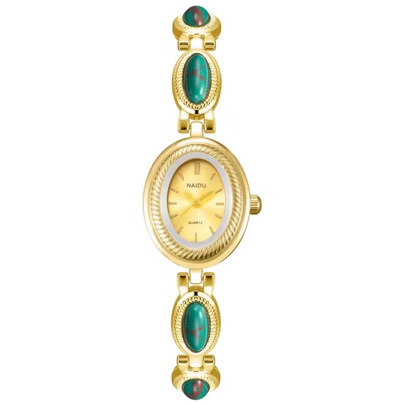 Anthropologie Accessories - Vintage Green Turquoise Oval Gold Bracelet Watch